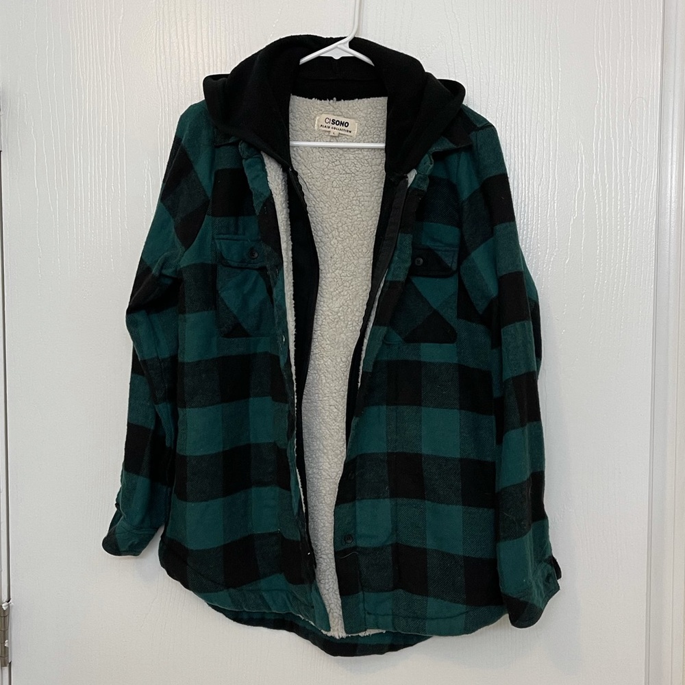 Fluffy plaid coat with hood